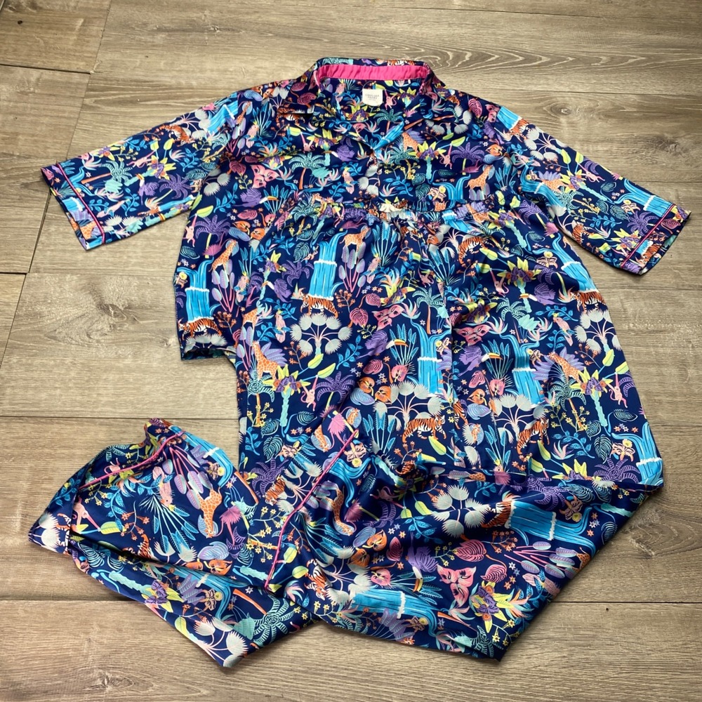 Chelsea Peers Pajama Set Womens L Ivy Blue Jungle Safari Print 2 Piece Lounge
